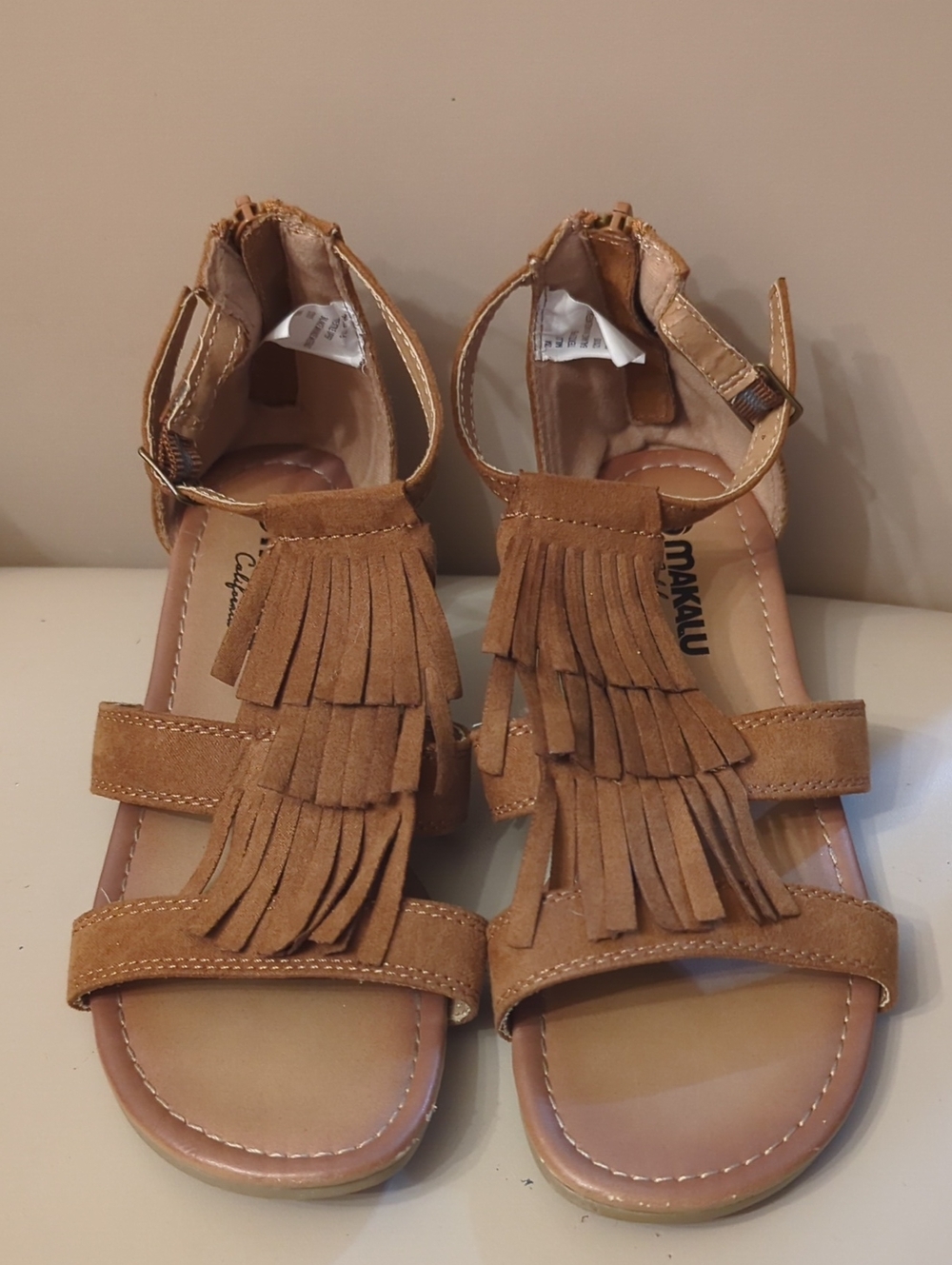 Girls' Tan Fringe Suede Sandals with Ankle Strap